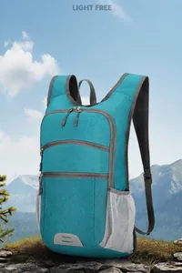 Close-up of lightweight foldable lake blue hiking backpack with waterproof nylon texture