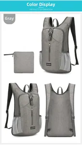 Foldable gray outdoor backpack showing front, back, and compact folded storage form