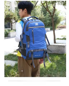 Rear view of 60L blue hiking backpack featuring thick padded breathable back system