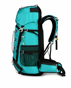 Side view of 60L waterproof outdoor hiking backpack showing mesh pockets and waist straps