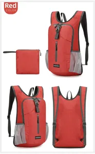 Foldable red outdoor backpack showing front, back, and compact storage states