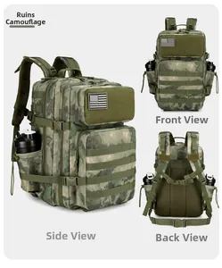 Tactical camouflage backpack featuring Molle system and American flag velcro patch