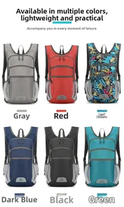 Outdoor cycling backpacks shown in six colors including grey, red, and tropical leaf print