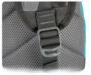 Macro shot of durable adjustable strap buckle and breathable mesh on outdoor hiking daypack