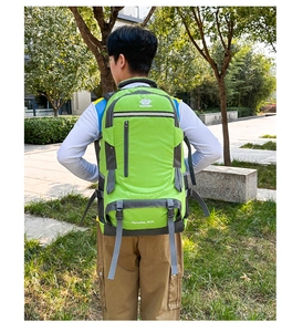 Outdoor 60L hiking backpack in green and grey shown on a model in a natural setting