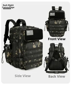 Multi-angle view of tactical backpack in night camouflage with flag patch and water bottle