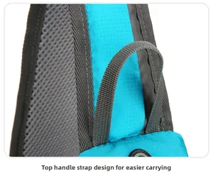 Close-up of top webbing handle and breathable mesh on blue hiking daypack