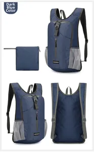 Detailed four-view layout of a foldable navy blue outdoor backpack with water-resistant fabric