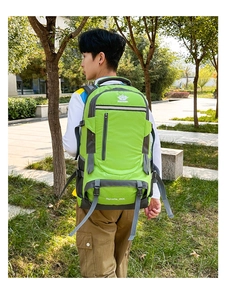 Detail of 60L green hiking backpack with durable straps and buckles in outdoor setting