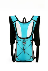 Front view of water-resistant blue cycling backpack with reflective strips and bungee system