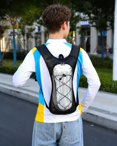 Close-up of lightweight cycling backpack with reflective panels on black mesh material