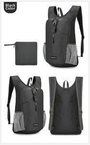 Foldable black outdoor backpack with breathable mesh straps and tear-resistant fabric detail