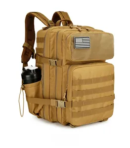 Tactical backpack in khaki featuring a side mesh pocket with shaker bottle and flag patch