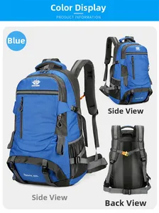 60L blue hiking backpack detail showing ergonomic back support and side view structure