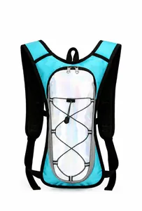 Front view of blue hydration backpack with honeycomb ripstop and reflective strips