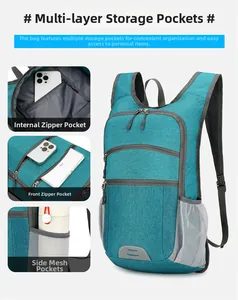 Lake blue waterproof hiking backpack detail showing multiple storage layers and pockets