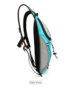 Side view of blue water-resistant cycling backpack with breathable honeycomb mesh back