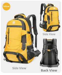 Detailed views of a 60L yellow hiking backpack with S-shaped padded shoulder straps