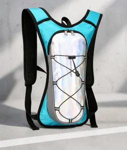 Detail of lake blue cycling backpack with holographic reflective panel and mesh straps