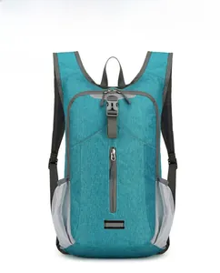 Front view of cyan outdoor backpack with reflective safety strip and mesh pockets