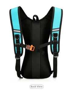 Rear view of blue hydration backpack featuring breathable mesh padding and reflective strips