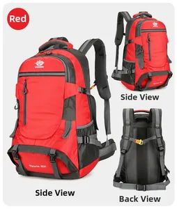 Detail view of 60L red hiking backpack showing professional back support system