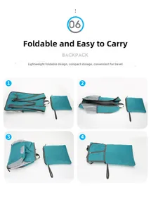 Foldable steps of outdoor cyan backpack showing compact storage into self-contained bag