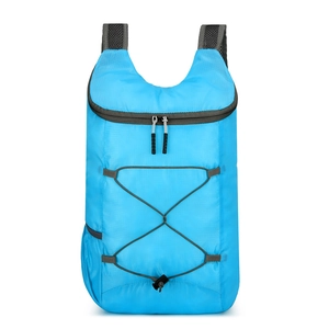 Lightweight blue foldable outdoor backpack with grey elastic drawstring and mesh straps