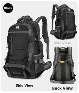 Three-angle view of a 60L black hiking backpack with ergonomic honeycomb back support