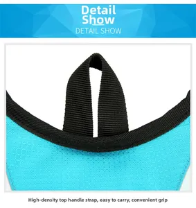 Macro detail of high-density nylon handle and blue water-resistant fabric on backpack top
