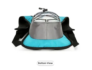 Bottom view of a blue outdoor hydration backpack showing wear-resistant nylon material