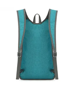 Back view of the cyan nylon cycling backpack with adjustable grey straps and top handle