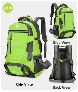 Three-way view of 60L hiking backpack showing mesh side pockets and breathable back system