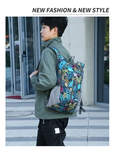 Close-up of lightweight floral backpack with waterproof fabric and side mesh pocket