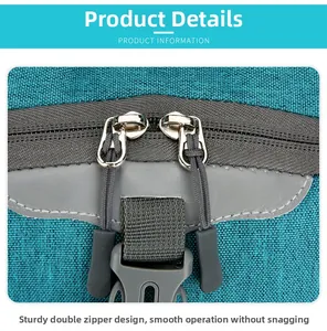 Detail of durable blue fabric backpack featuring dual zippers with gray reflective trim and buckle