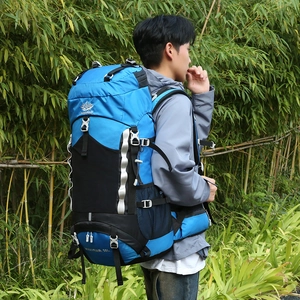 Sky blue 60L professional hiking backpack with waterproof fabric and padded straps