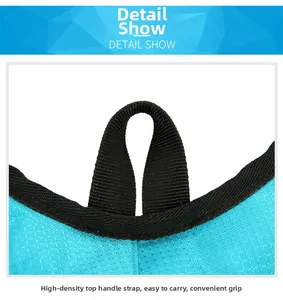 Detail view of high-density nylon handle and blue honeycomb ripstop fabric on sport backpack