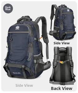 Three-view layout of a 60L navy blue hiking backpack showing front, side, and back details