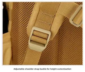 Detail of adjustable tactical backpack shoulder straps with buckle and mesh fabric