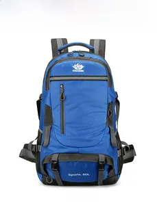 Front view of a blue 60L hiking backpack with reflective strips and compression straps