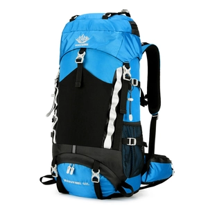 60L outdoor hiking backpack in blue and black with waterproof nylon fabric