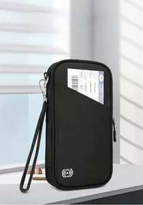 Close-up of black RFID blocking passport holder with zipper and wrist strap