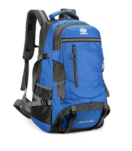 Detail view of 60L hiking backpack showing water-resistant fabric and side pocket