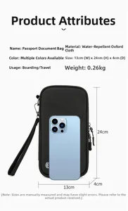 Detailed view of water-resistant oxford fabric passport bag with 13x24x4cm dimensions