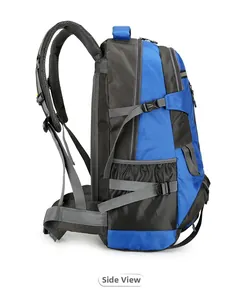 Side view of 60L hiking backpack showing compression straps and mesh side pockets