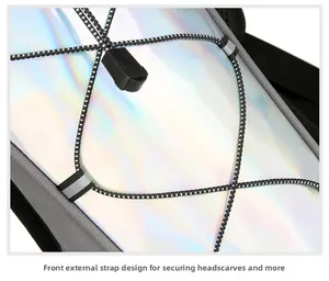 Detail view of the front bungee cord and reflective webbing on holographic cycling backpack