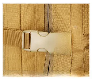 Close-up of durable plastic buckle and nylon webbing on a tactical backpack