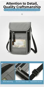 Détails de la pochette tour de cou RFID en nylon gris avec fenêtres de rangement