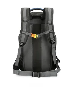 Breathable mesh back system on a 60L hiking backpack with orange sternum straps
