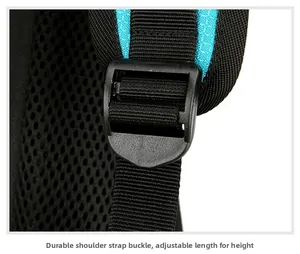 Detail of adjustable buckle and breathable mesh shoulder strap for cycling backpack
